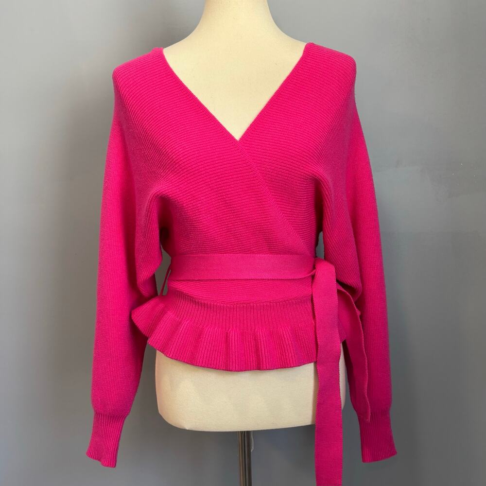 Lulus Hot Pink Barbiecore Wrap Sweater Coquette Ruffle Hem Balletcore Preppy S - Picture 6 of 8
